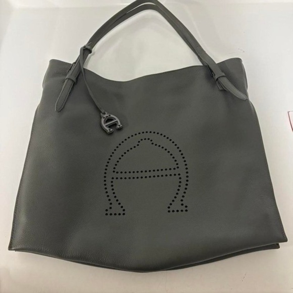 NWT Designer Gray Green Leather Tote Horseshoe Logo